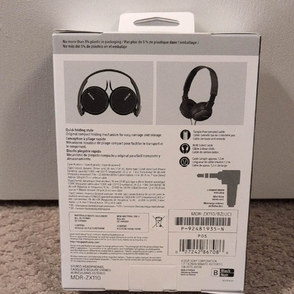 Sony On-Ear Black Headphones MDR-ZX110 NWT Factory Sealed